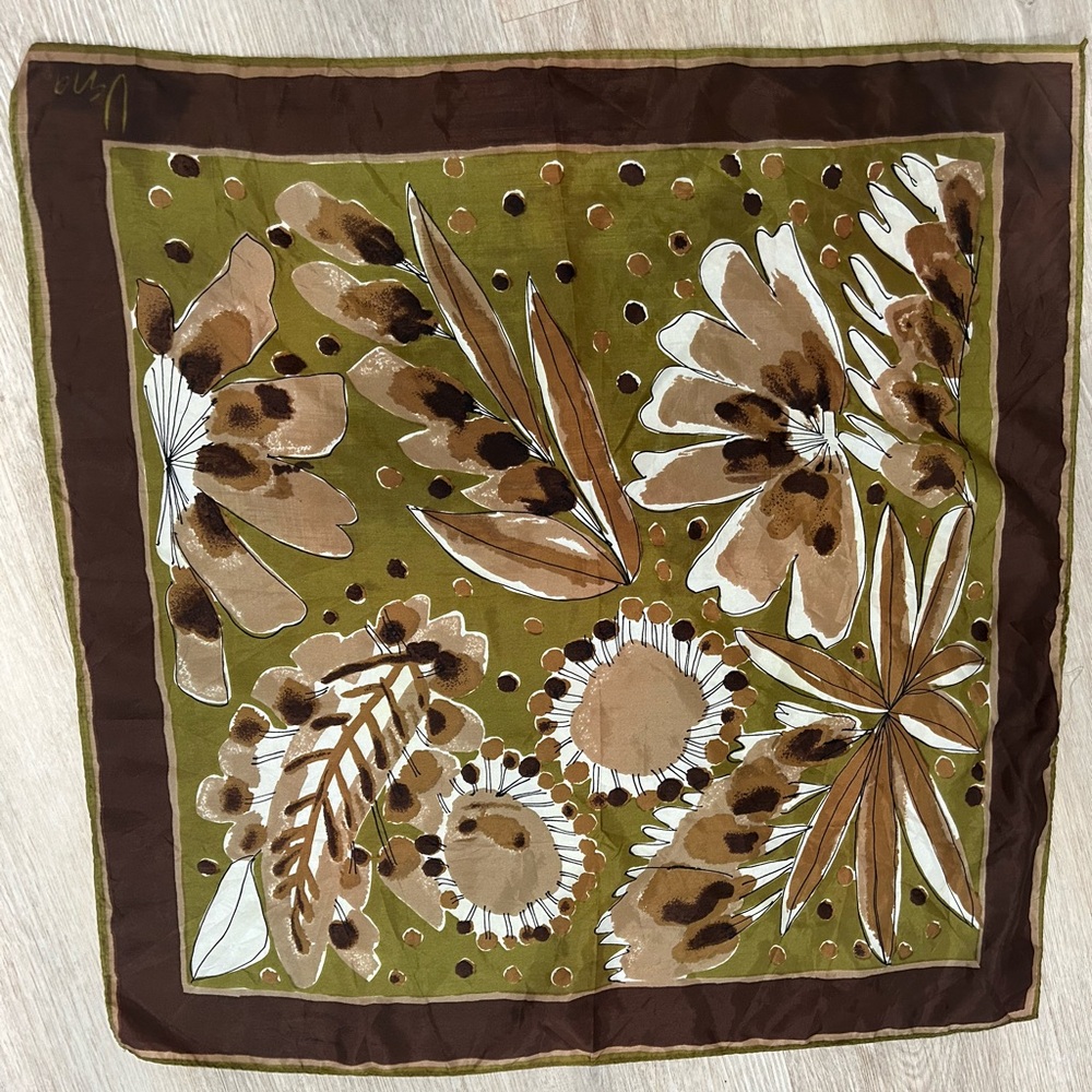 Vintage Vera Abstract Floral Green and Brown Decorative Square Silk Scarf